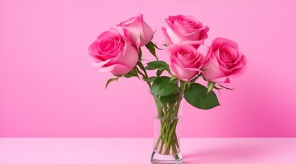 bouquet of pink roses in vase on a pink background