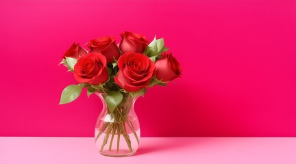 red roses in a vase on a red background. High quality photo