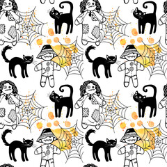 Seamless pattern with Halloween voodoo dolls and black cats. Hand drawn sketch style. Line art. Halloween illustration on white.