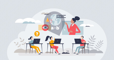 EdTech digital learning as kids technology education tiny person concept. School teacher for online skills and ability to understand web browser or internet cyberspace innovations vector illustration