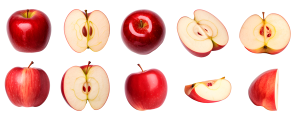 set of red apples isolated view side top. cut and sliced halved on transparent background cutout, PNG file.