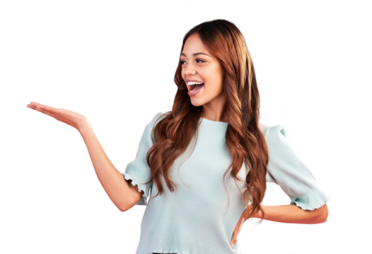 Excited, woman and palm space for mockup isolated on a transparent png background. Smile, advertising and happy person with product placement for promotion, hand presentation and commercial marketing