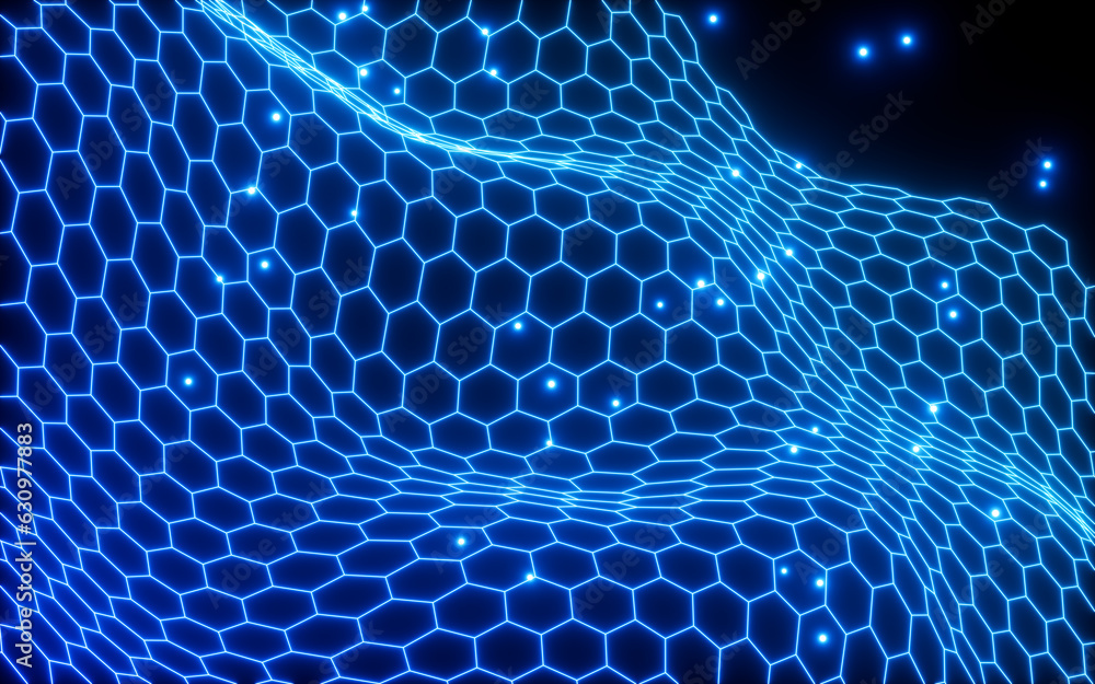 Poster glowing hexagonal grid neon background, 3d rendering.