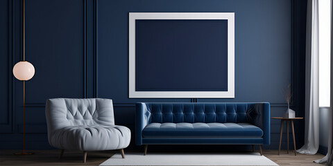 Rustic interior design of modern living room with beige fabric sofa and cushions. White wall with frame and space for text.