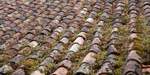 red old ceramic roof tile ancient background texture moss covered roofing tile vintage corrugated tiles element seamless pattern