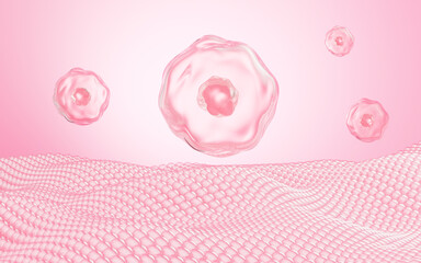 Floating cells in the pink background, skin treatment, biology and medicine concept, 3d rendering.