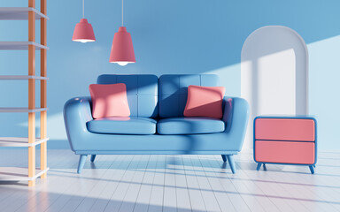Interior geometric building and sofa model, 3d rendering.