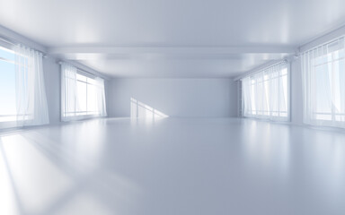 White interior building with windows, 3d rendering.