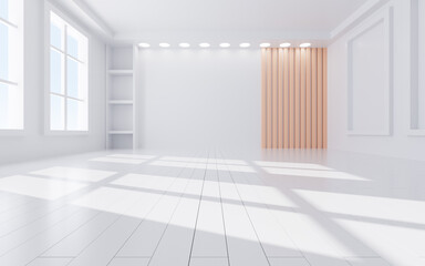 White interior building with windows, 3d rendering.