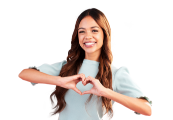 Happy portrait, heart and hands of woman for care, kindness and charity donation isolated on transparent png background. Face, model and smile with finger, shape and icon of love, thank you and emoji