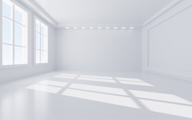 White interior building with windows, 3d rendering.