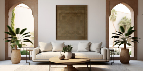 Dining room and kitchen in a new open plan home. Features White walls and ceiling and parquet floors. Beautiful furniture made of wood and marble light-colored furniture fronts Generative 