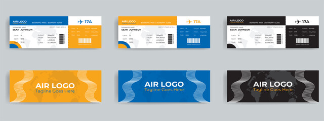 Airways tickets and boarding passes mockups. Vector avia company traveling by plane documents with time of departure and arrival, seat number and date. Avia boarding pass with QR2 or barcode symbol - obrazy, fototapety, plakaty