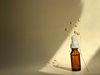 Cosmetic transparent jar with serum on a nude background with sunlight on it. Dried flower branch