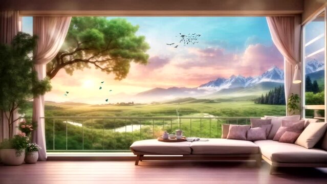 Beautiful fantasy spring view from living room. Watercolor painting anime style virtual animation. Seamless loop anime video background