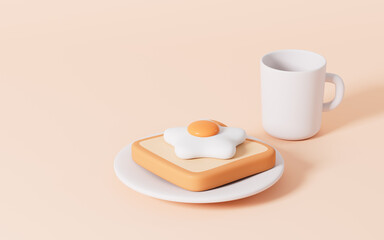 Cartoon fried egg and bread, 3d rendering.