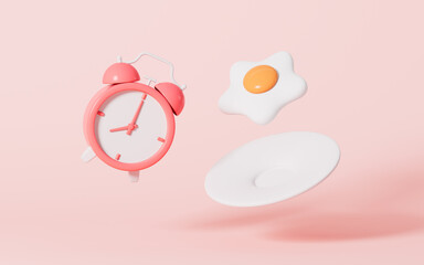 Cartoon alarm clock and fried egg, nutritious breakfast, 3d rendering.