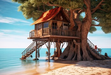 tree house view with beautiful beach. generative ai