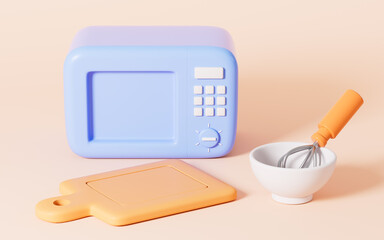 Cartoon microwave oven and kitchenware in the yellow background, 3d rendering.