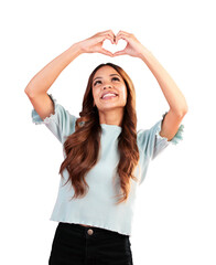 Happy woman, heart and hands for love, kindness and charity donation isolated on transparent png...