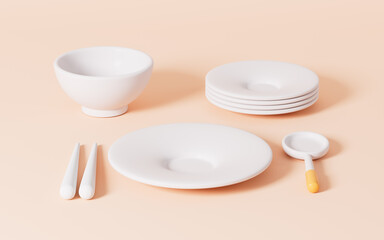 White tableware in the orange background, 3d rendering.