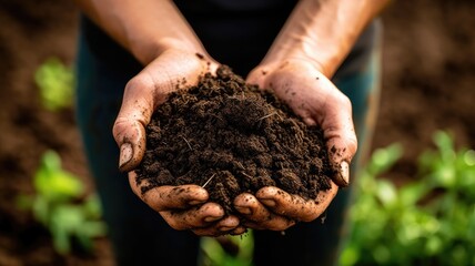 Close-up of hands holding nutrient-rich compost soil, highlighting the benefits of composting for gardening