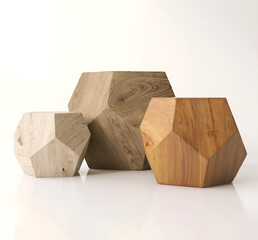 Three minimal natural wood color shade geometric shape podium table, pentagon side, studio light on...