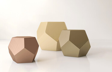 Three modern glossy white geometric shape podium table in copper, bronze and gold, pentagon side, on counter. Luxury fashion, beauty, cosmetic, skincare, jewelry design product display background 3D