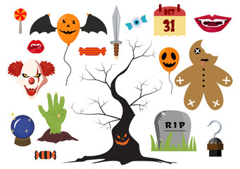 Fototapeta premium Set Halloween Elements Vector Illustration with Various Kinds of Things like Ghosts, Pumpkins, Skulls, Candies and More Cartoon Background Templates