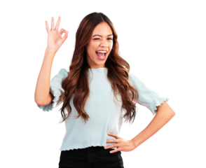 Okay, smile and wink with portrait of woman on png for like, support and motivation. Yes, emoji and agreement with face of person isolated on transparent background for wow, excited and opinion