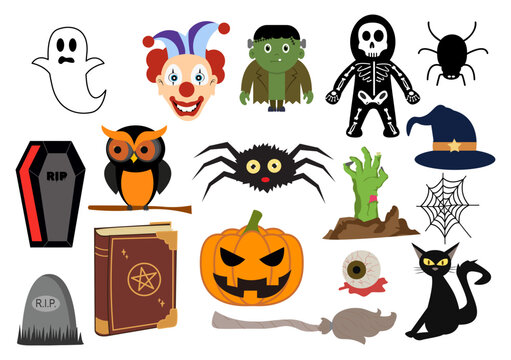 Set Halloween Elements Vector Illustration with Various Kinds of Things like Ghosts, Pumpkins, Skulls, Candies and More Cartoon Background Templates