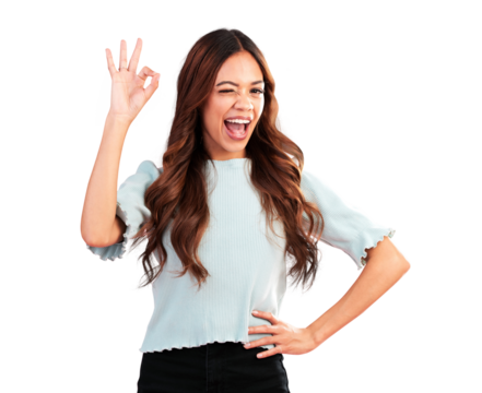 Okay, smile and wink with portrait of woman on png for like, support and motivation. Yes, emoji and agreement with face of person isolated on transparent background for wow, excited and opinion