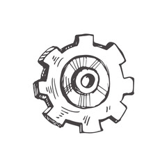Vector hand-drawn Illustration. Detailed retro style gear sketch. Vintage sketch element. Back to School.