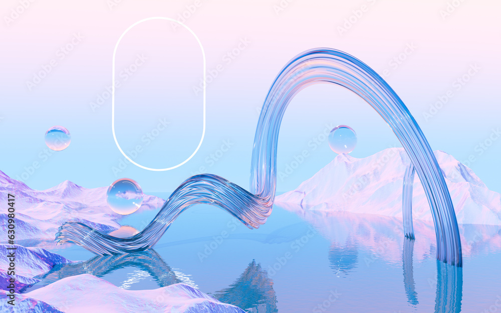 Poster abstract water surface and geometry curve background, 3d rendering.