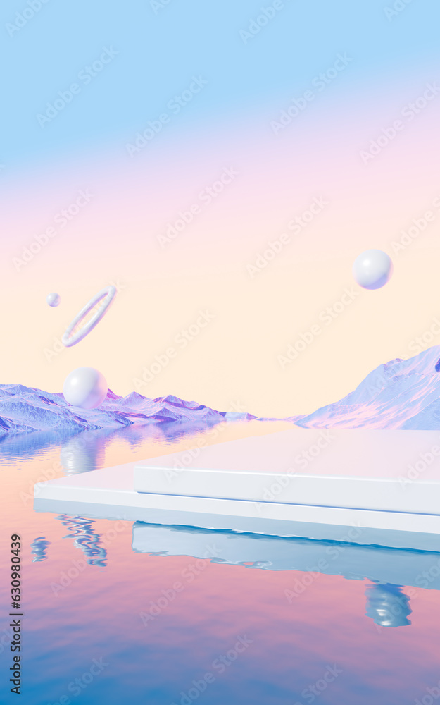 Poster empty stage with water surface background, 3d rendering.