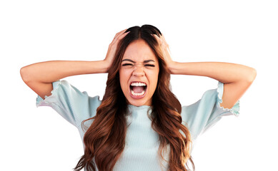 Frustrated woman, angry and hands holding head from stress or anxiety isolated on a transparent PNG...