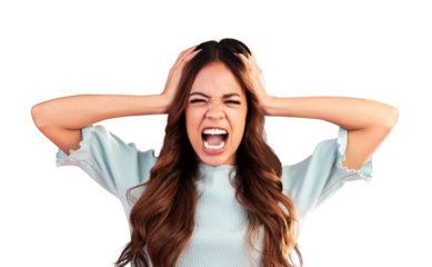 Frustrated woman, angry and hands holding head from stress or anxiety isolated on a transparent PNG background. Female person screaming with mental health problem, panic attack or anger management