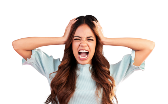 Frustrated woman, angry and hands holding head from stress or anxiety isolated on a transparent PNG background. Female person screaming with mental health problem, panic attack or anger management