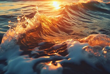 background closeup of beautiful beach waves water with sunset. generative ai - obrazy, fototapety, plakaty