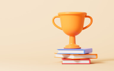 Cartoon trophy and books in the yellow background, 3d rendering.