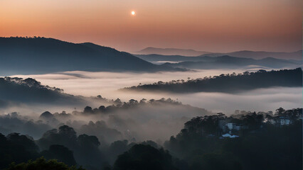 Landscape during sunrise with mist and heavy fog in winter, scenic mountains tall trees horizon