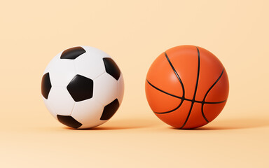 Cartoon football and basketball in the yellow background, 3d rendering.