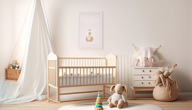 Scandinavian style cozy nursery background with mock up of a wall 90513