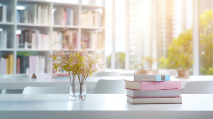 Desk with books on the background of office, school, library in pastel light colors 