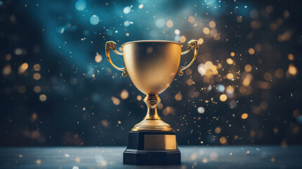 Achievement success in education awards concept. Golden trophy cup winner on bokeh background. Congratulation in university