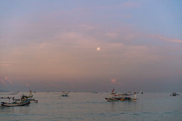 Fishing boats jukung at dawn, Jimbaran, Bali.