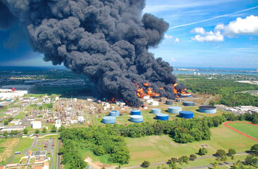 The fire at the oil depot raised a lot of black smoke into the sky.
