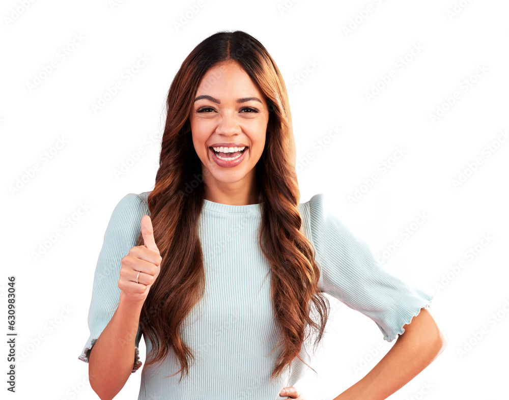 Canvas Prints Thumbs up, portrait and success of woman isolated on a transparent png background for winning news. Happy female model, ok emoji and likes for feedback, review and vote yes in agreement of promotion