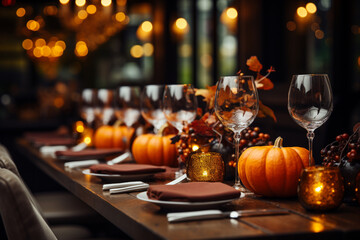 Table setting with pumpkins and candles in restaurant. Halloween and thanksgiving concept