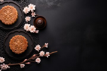 Obraz na płótnie Canvas Moon cakes on black slate table with tea. Autumn Festival